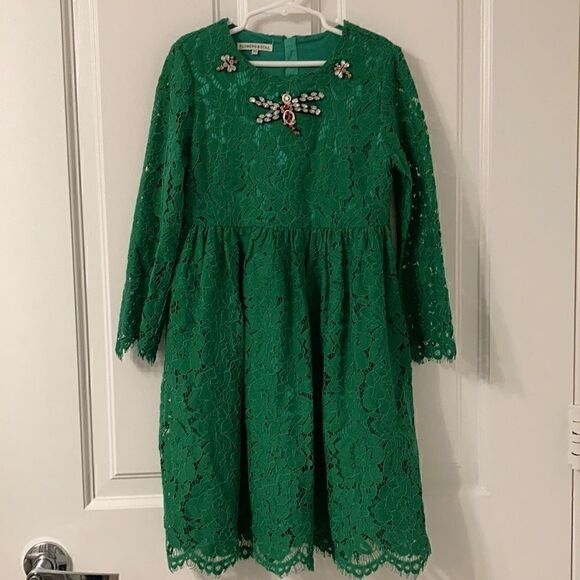 Flowers & Still Other - Flowers & Still Girls Green Lace Dress Embellished with a Crystal Firefly. Sz 8.